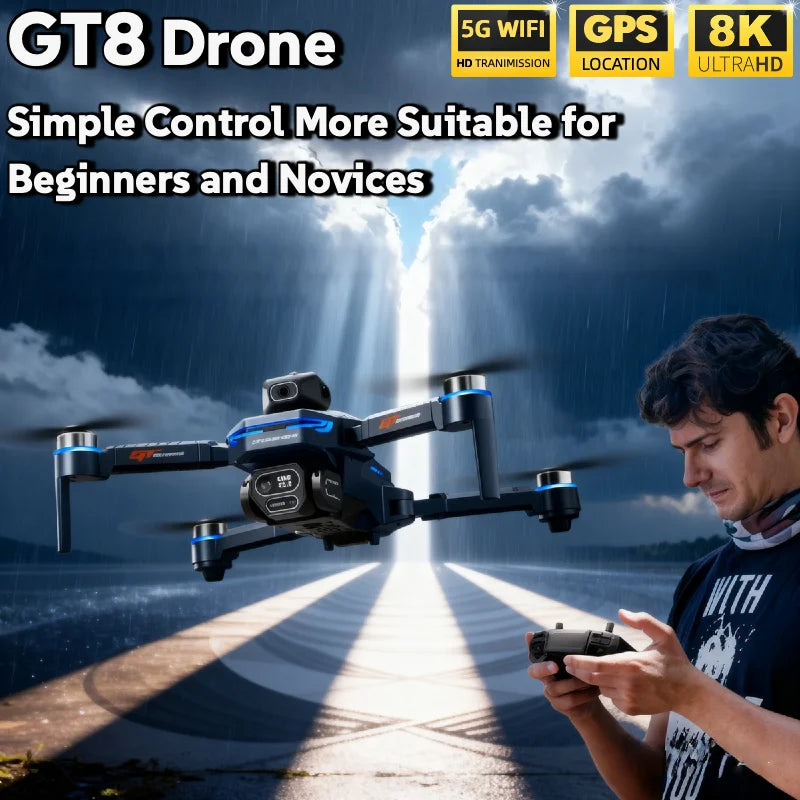 GT8 8K Dual Camera FPV Drone – Brushless Motor, Optical Flow Hovering, Obstacle Avoidance, 3KM Range & Foldable Design