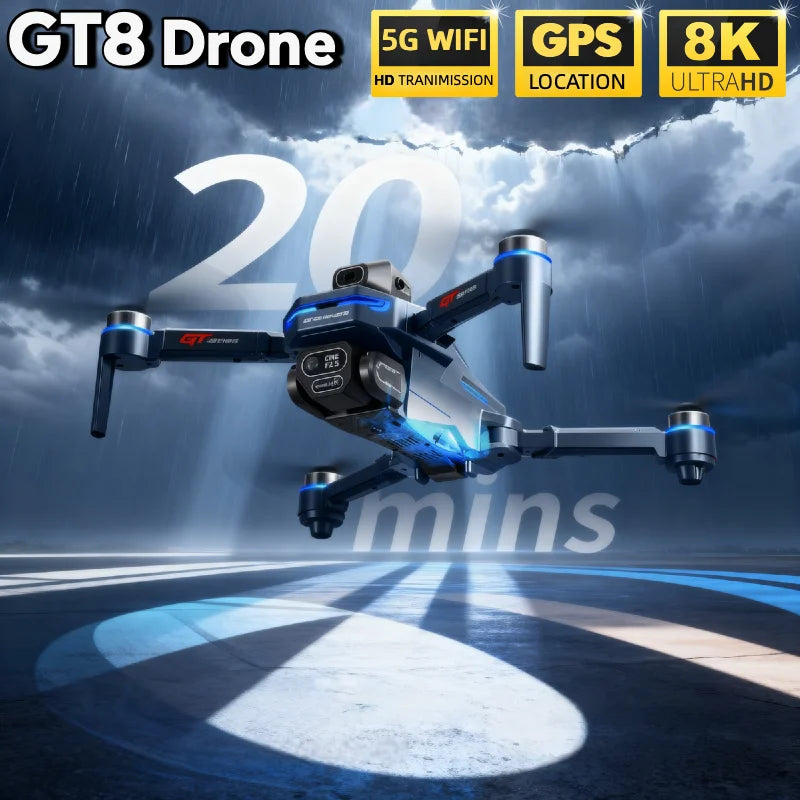 GT8 8K Dual Camera FPV Drone – Brushless Motor, Optical Flow Hovering, Obstacle Avoidance, 3KM Range & Foldable Design