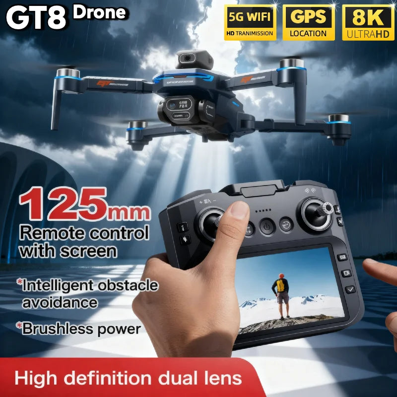 GT8 8K Dual Camera FPV Drone – Brushless Motor, Optical Flow Hovering, Obstacle Avoidance, 3KM Range & Foldable Design