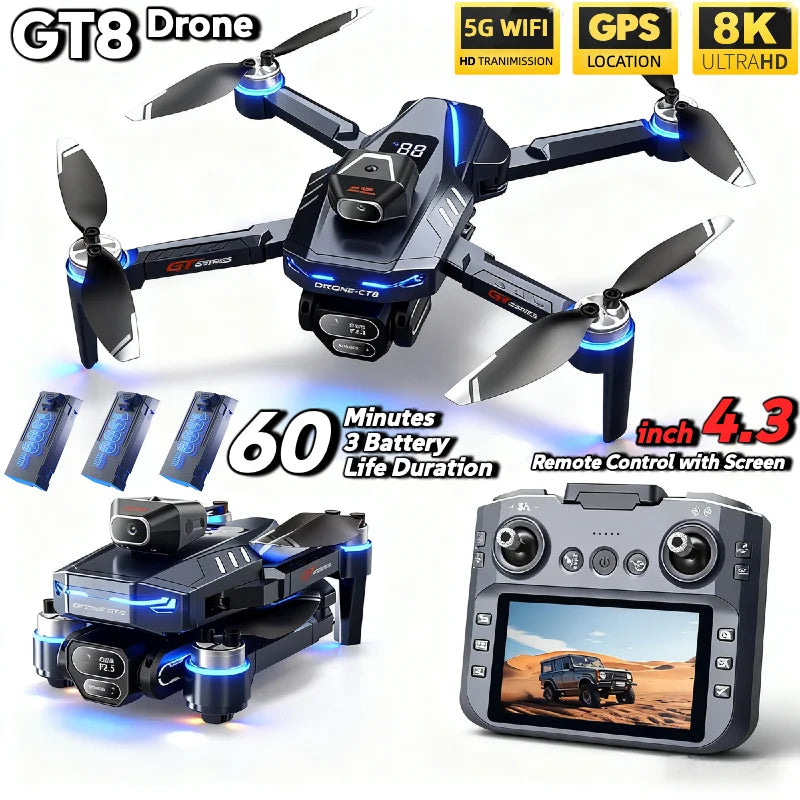 GT8 8K Dual Camera FPV Drone – Brushless Motor, Optical Flow Hovering, Obstacle Avoidance, 3KM Range & Foldable Design