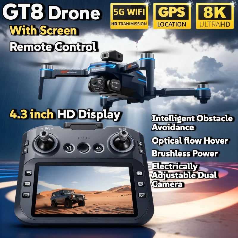 GT8 8K Dual Camera FPV Drone – Brushless Motor, Optical Flow Hovering, Obstacle Avoidance, 3KM Range & Foldable Design